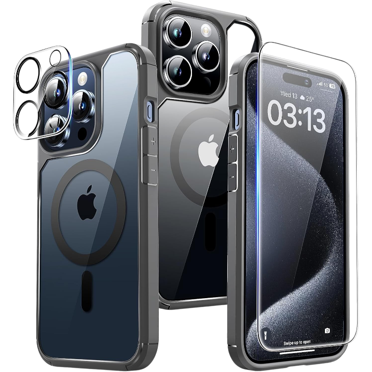 Ovitek za telefon + 2x zaščitno steklo + 2x zaščita za kamero "MagSafe" iPhone 15 Pro – Infostyle – Siva