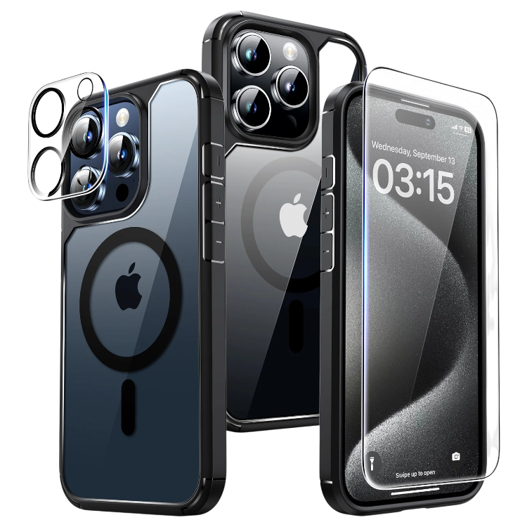 Zaščitni ovitek + zaščitno steklo + zaščita za kamero "TAURI" iPhone 15 Pro Max – Črna