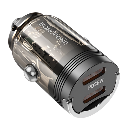 Avto polnilec 2x Type C 36W – Borofone – Prozorna