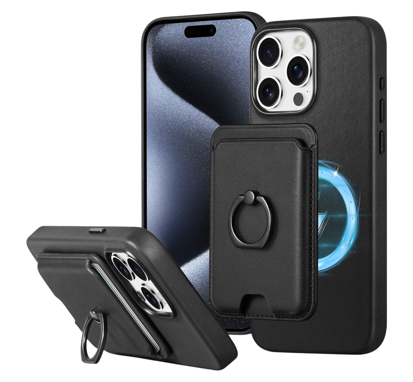 Ovitek za telefon "SHIELDON" iPhone 15 Pro + snemljiva magnetna denarnica – Črna