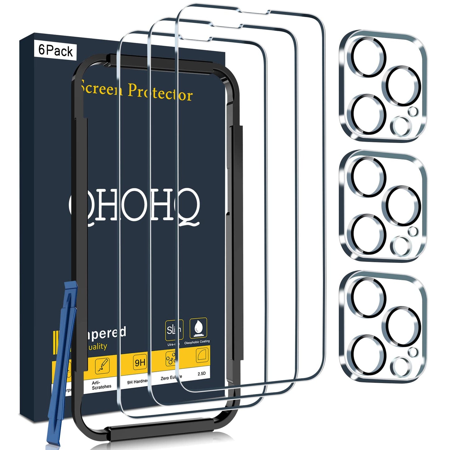 QHOHQ 9H protective glass for iPhone 14 Pro Max + camera protection (3+3)
