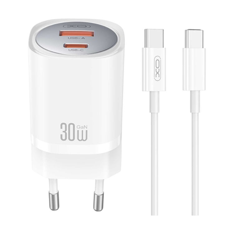 Komplet polnilec "XO CE21" 1x USB-C 1x USB A + kabel USB C v USB C, 30w – Bela