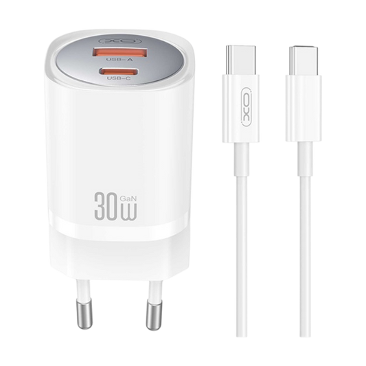 Komplet polnilec "XO CE21" 1x USB-C 1x USB A + kabel USB C v USB C, 30w – Bela