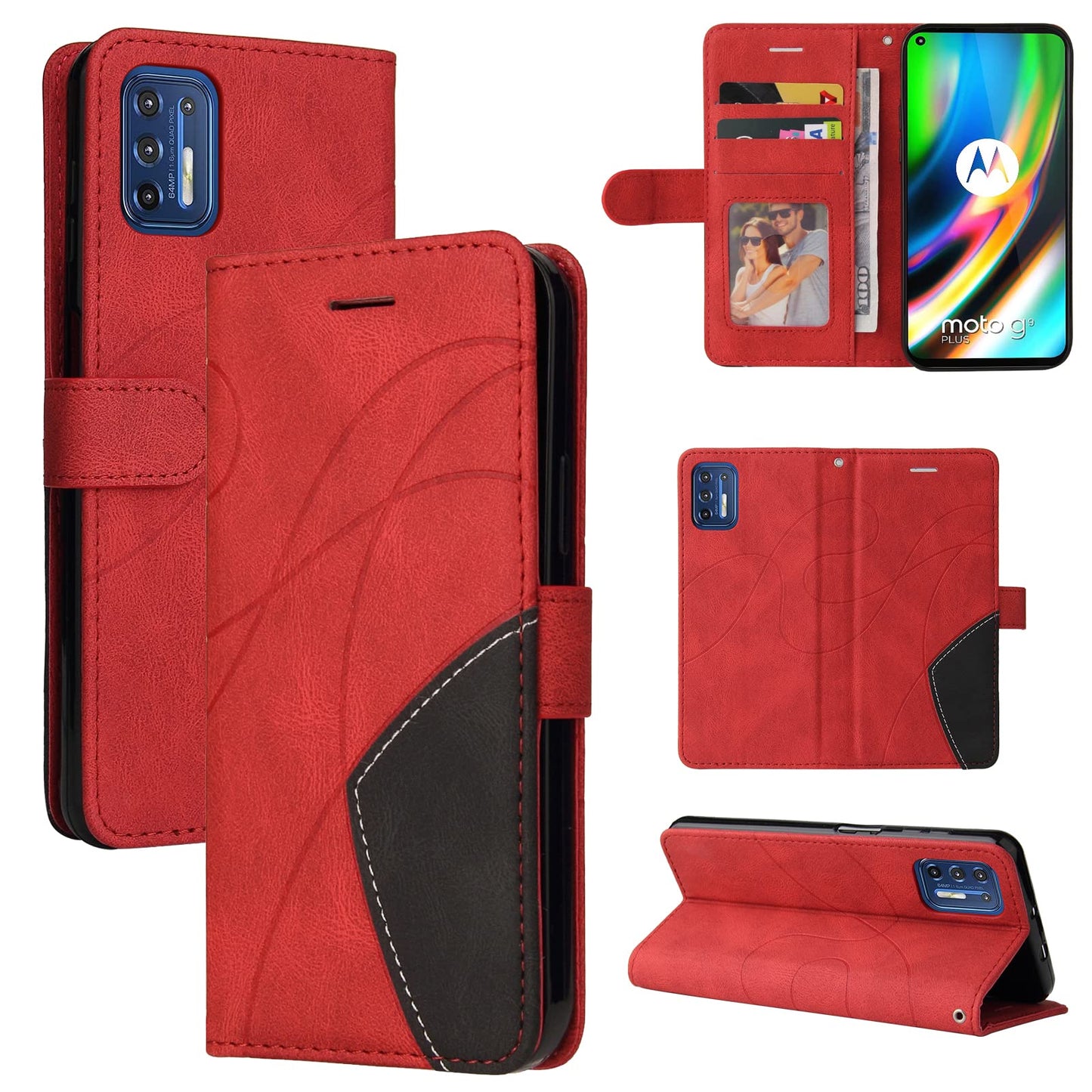 Preklopna torbica za Motorola Moto G9 Plus z režami za kartice rdeča