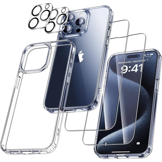 Protection kit for iPhone 15 Pro Max – case, 2 screen protectors, and 2 camera lens protectors