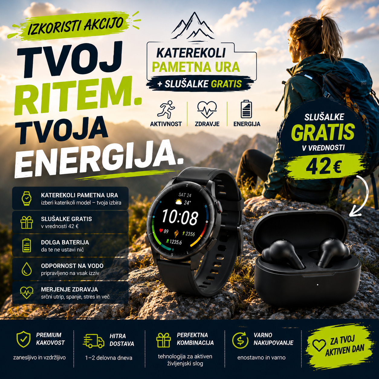 Fit ponudba s katerokoli pametno uro in brezplačnimi brezžičnimi slušalkami v vrednosti 42 € za aktiven življenjski slog.