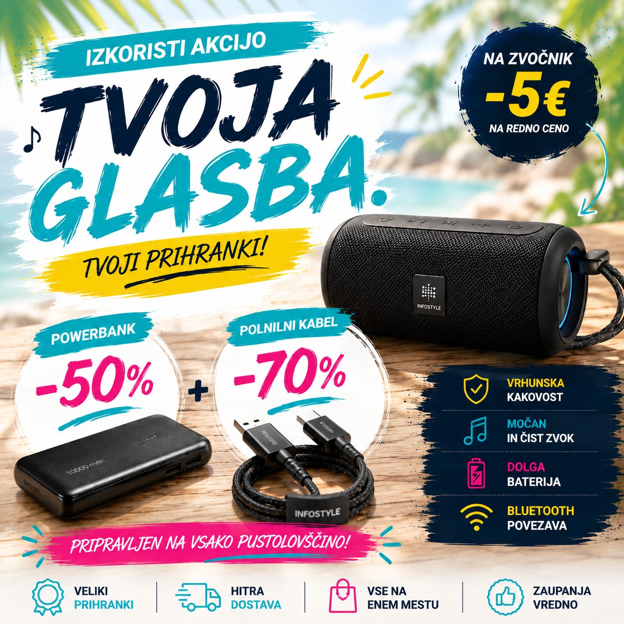 Party ponudba z zvočnikom, powerbankom in polnilnim kablom ter popusti do 70 % na dodatke.