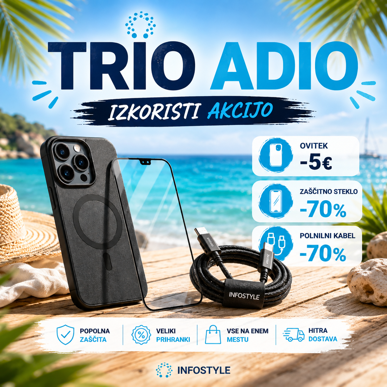Trio Adio akcija za telefone z ovitkom, zaščitnim steklom in polnilnim kablom ter prihrankom do 70 %.