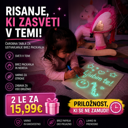 Komplet Magic Glow risalne table vsebuje 2 tabli, 3 UV pisala, šablone in navodila