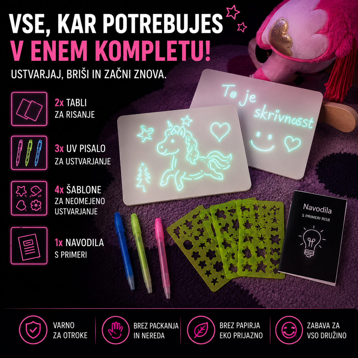 Magic Glow risalna tabla za otroke, ki sveti v temi z UV pisalom in glow efektom brez packanja