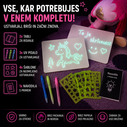 Magic Glow risalna tabla za otroke, ki sveti v temi z UV pisalom in glow efektom brez packanja
