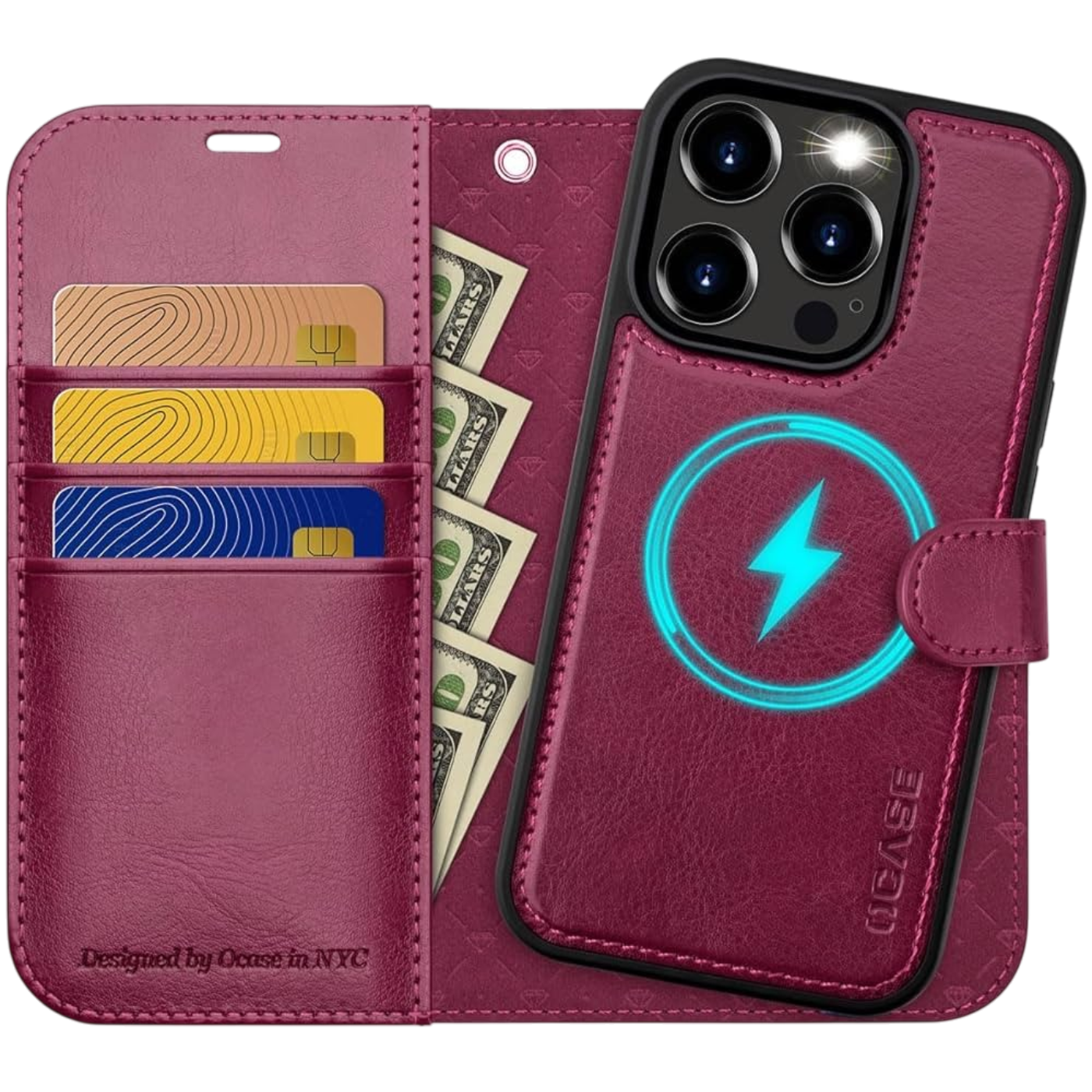 OCASE 2v1 ovitek z denarnico za iPhone 15 Pro iz PU usnja s snemljivim magnetnim ovitkom in prostorom za kartice