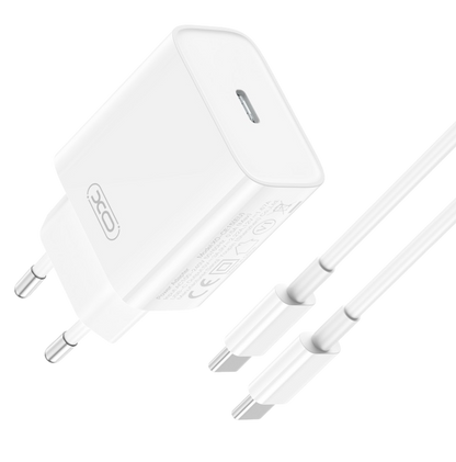 Polnilec za telefon "XO CE15" 1x USB-C 20W + USB-C kabel – Bela