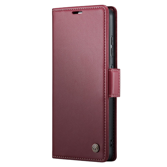 Preklopna torbica za iPhone 14 bordo rdeča zaščitni etui z magnetnim zapiranjem in prostorom za kartice