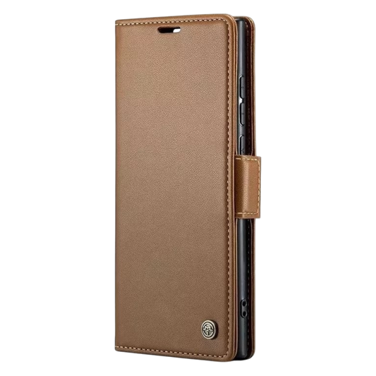 Preklopna torbica za iPhone 15 Pro Max rjava zaščitni etui z magnetnim zapiranjem in prostorom za kartice