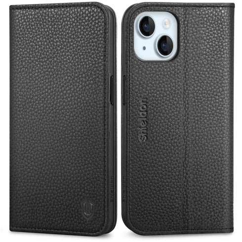 SHIELDON Leather Flip Case for iPhone 15 – RFID Wallet + Kickstand (Litchi Black)
