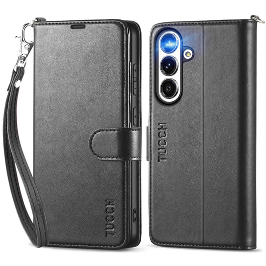 Preklopna torbica Samsung Galaxy S25 črna | RFID zaščita, pašček in reže za kartice