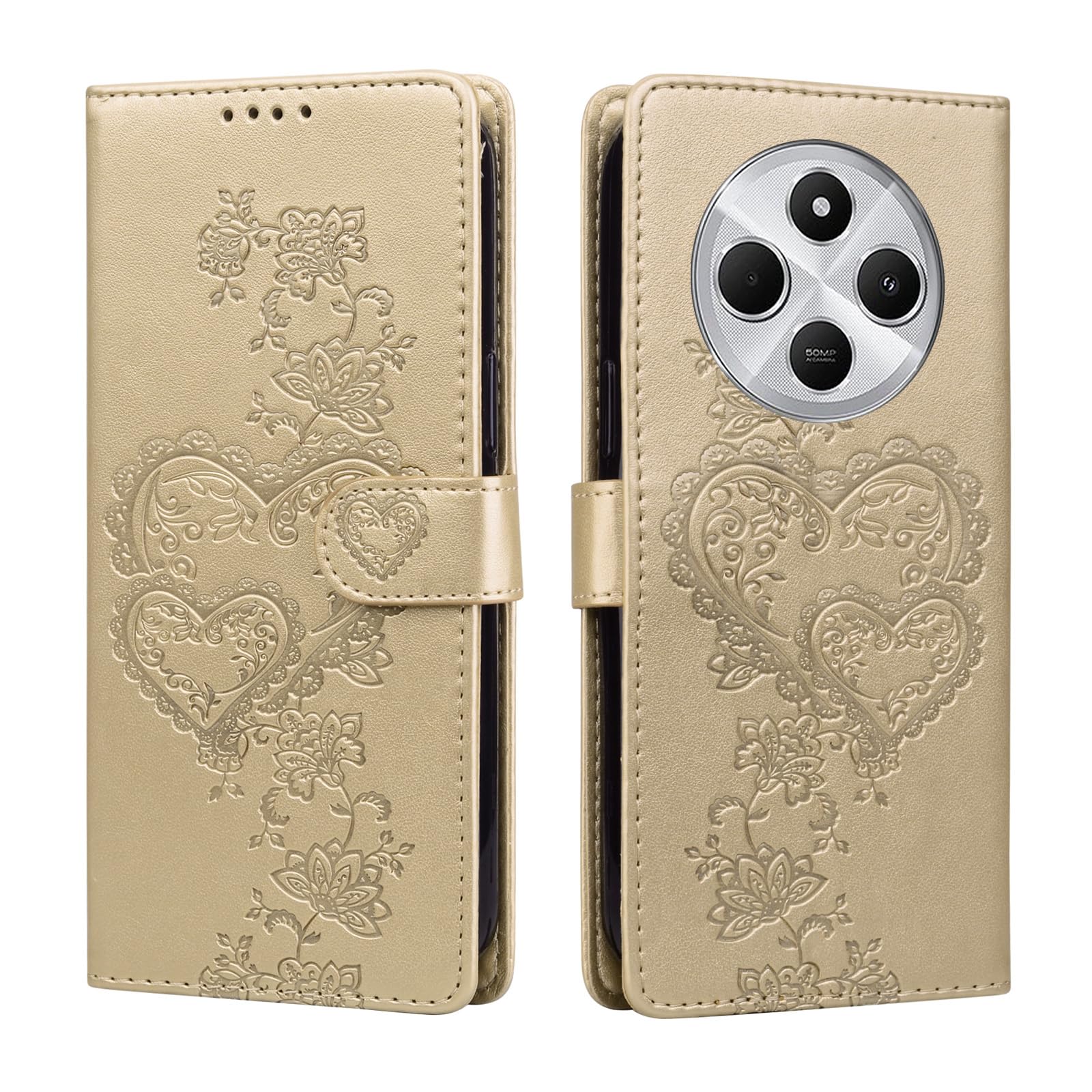 Preklopni-ovitek-za-Xiaomi-Redmi-14C-zlato-srce:Preklopni ovitek za Xiaomi Redmi 14C – zlato srce
