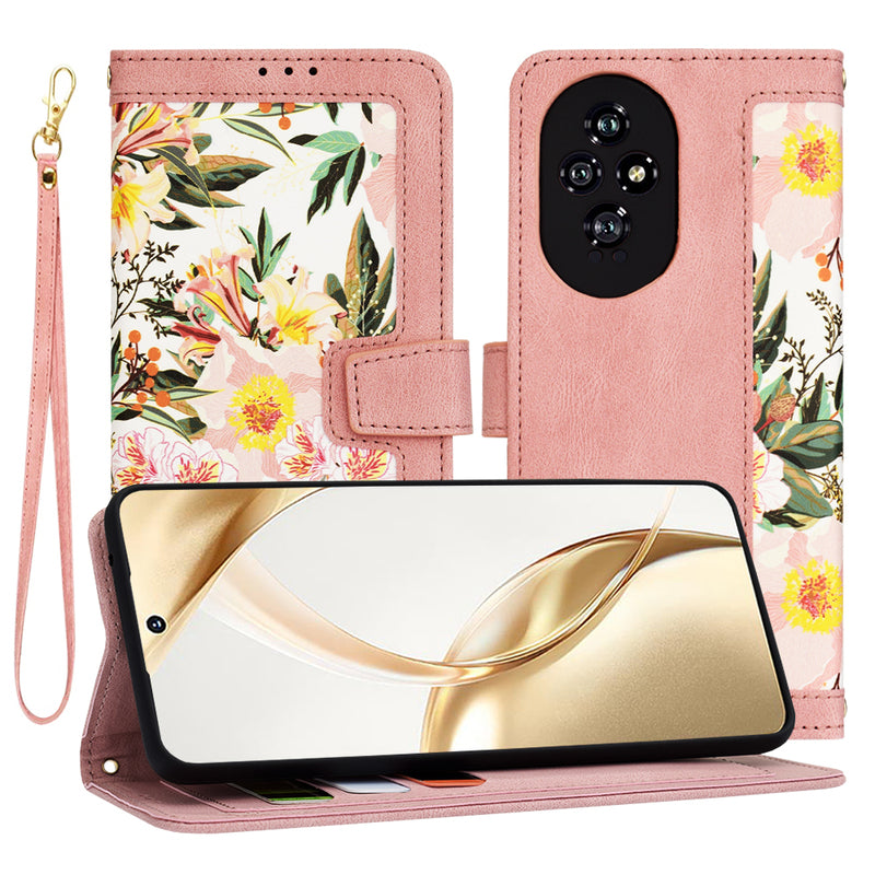 Preklopna torbica "Flower Bed" za Honor 200 Lite – Techsuit – Roza / Umetno usnje + TPU silikon