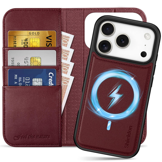 SHIELDON 2v1 usnjena denarnica/ovitek za iPhone 17 Pro – snemljiva, RFID zaščita, stojalo, vinsko rdeča: SHIELDON 2v1 usnjena denarnica ovitek iPhone 17 Pro snemljiva RFID zaščita stojalo vinsko rdeča