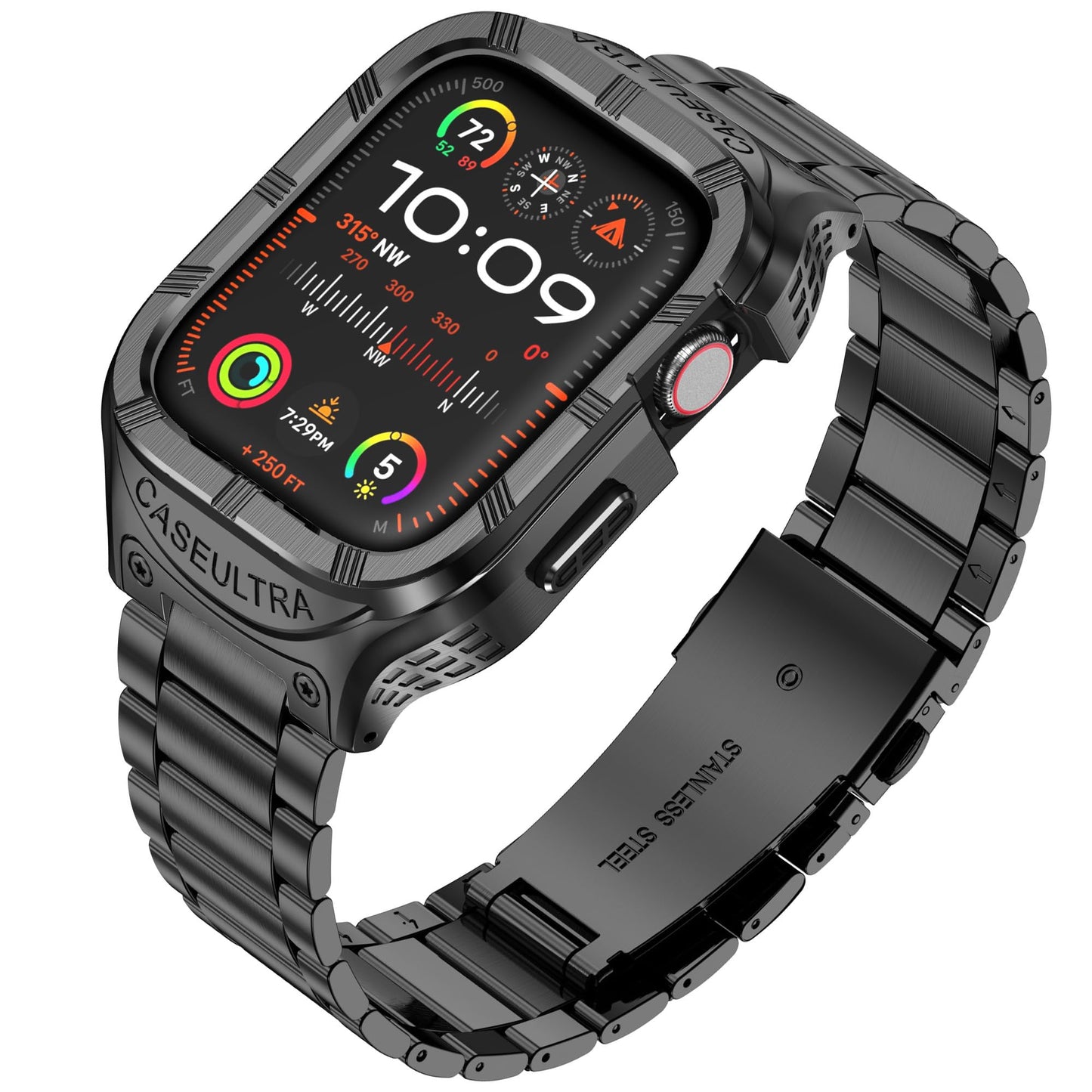 Caseultra Kovinsko Ohišje in Pašček za Apple Watch 45mm/44mm/42mm, Nerjaveče Jeklo, Robustna Zaščita za Series 9/8/7/6/5/4/SE/3/2/1