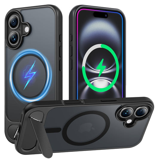 TAURI MagSafe ovitek s stojalom za iPhone 16 mat prosojno črna zaščitni ovitek