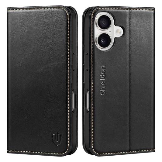 SHIELDON retro črna usnjena torbica za iPhone 16 z odstranljivim magnetnim ovitkom