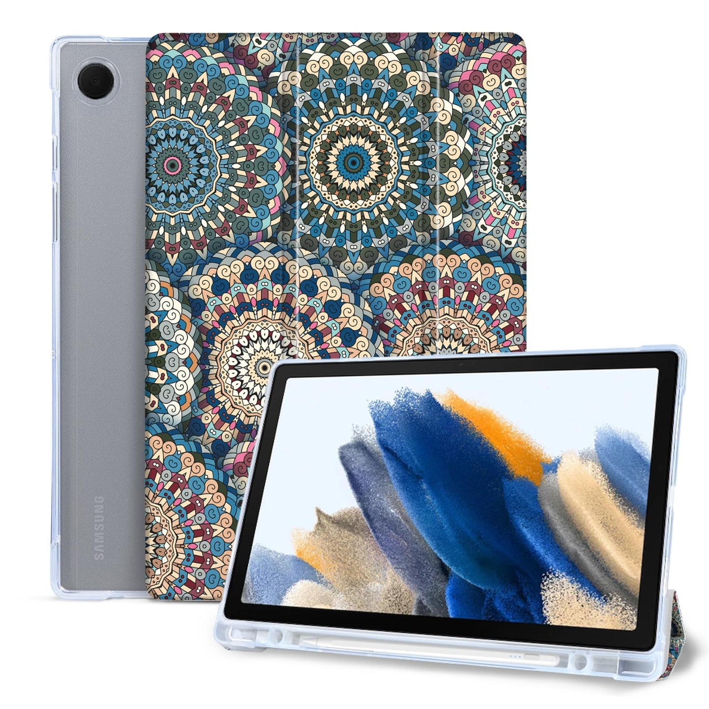 Ovitek za Samsung Galaxy Tab A8 10.5 (2021/2022) – Držalo za Pisalo, Trojno Zložljivo Stojalo, Mandala Geometrijski Vzorec