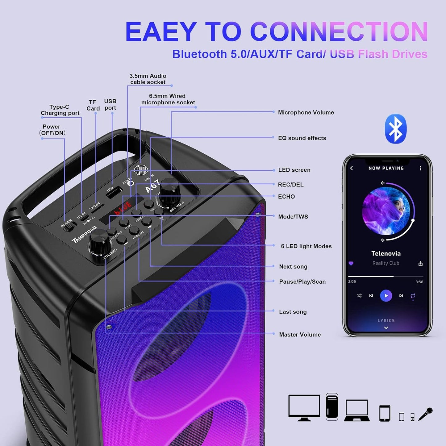 TAMPROAD A67 Portable Bluetooth Speaker 60W (80W Peak) – Party, TWS, Lights