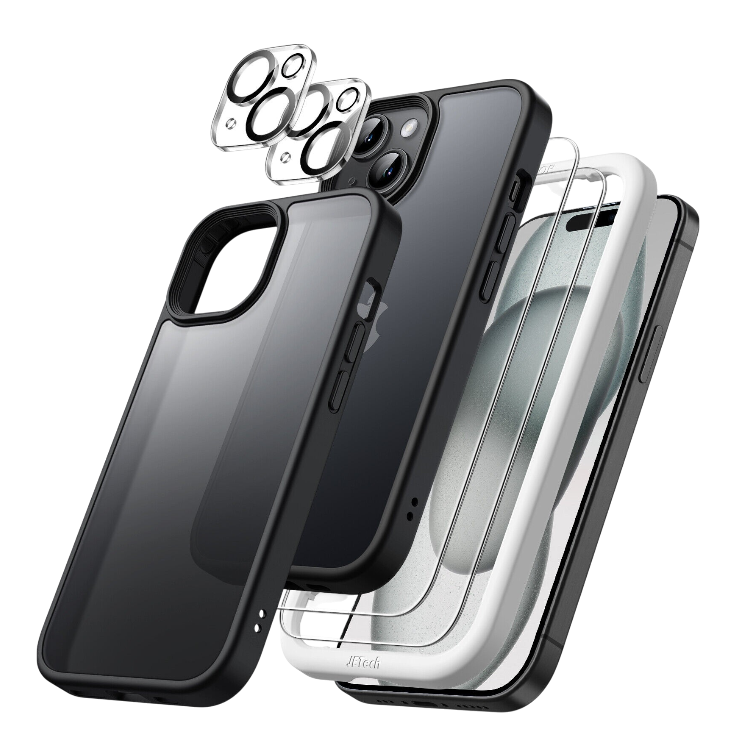 Ovitek za telefon "Tauri" +zaščitno steklo + zaščitno steklo za kamero (1+2+2) za iPhone 15 Pro Max – Črna