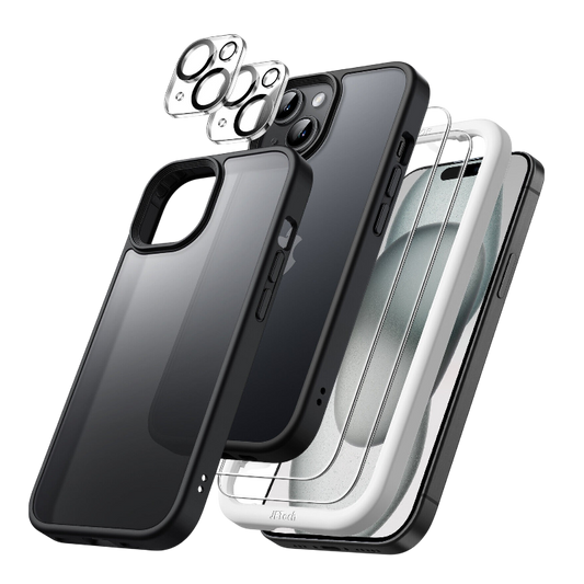 Ovitek za telefon "Tauri" +zaščitno steklo + zaščitno steklo za kamero (1+2+2) za iPhone 15 Pro Max – Črna