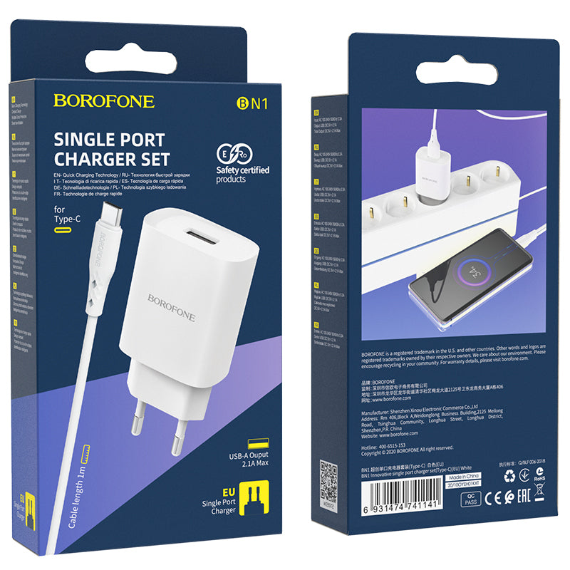 Komplet stenski polnilnik ''Borofone BN1'' z USB-C kablom