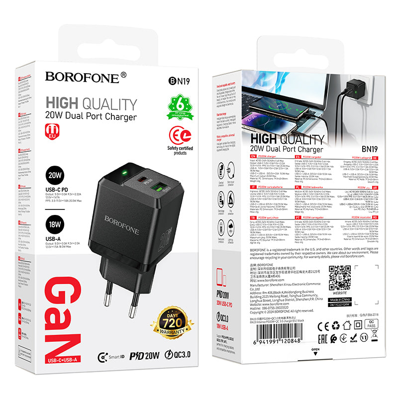 Adapter ''Borofone BN19 Intenso GaN'' - USB + USB-C, PD, 20W, QC 3.0, 3A