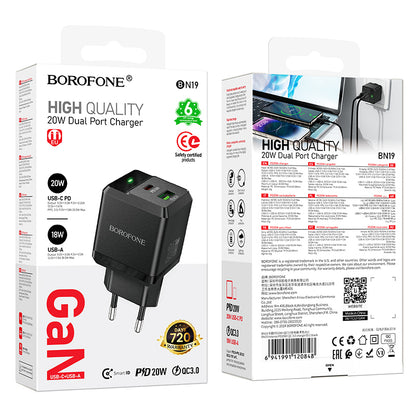 Adapter ''Borofone BN19 Intenso GaN'' - USB + USB-C, PD, 20W, QC 3.0, 3A