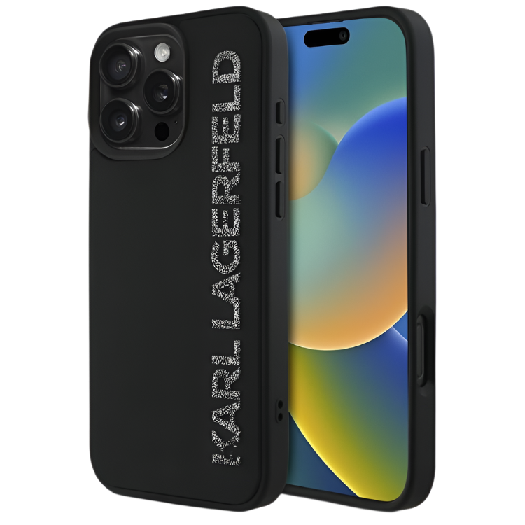 Ovitek Karl Lagerfeld HC 3D Rubber Elongated Glitter za iPhone 16 Pro (KLHCP16LRBKGVCK) – Črna / PC + TPU silikon