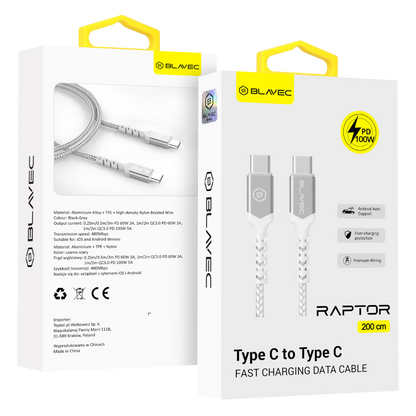 Polnilni kabel "Blavec Raptor - pleten" USB-C v USB-C PD 100W 5A 2M