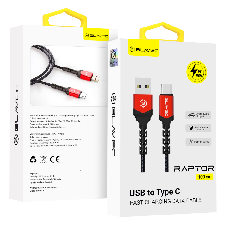 Polnilni kabel "Blavec Raptor - pleten" USB v USB-C PD 66W 6A 1M – Infostyle