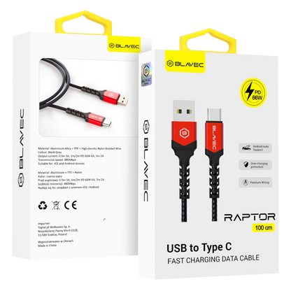 Polnilni kabel "Blavec Raptor - pleten" USB v USB-C PD 66W 6A 1M – Infostyle