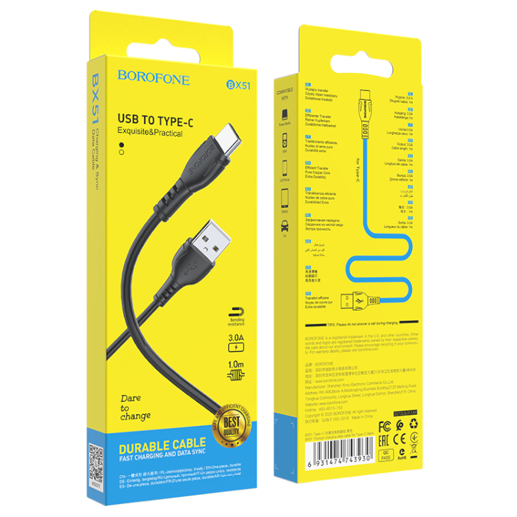 Polnilni kabel "Borofone BX51 Triumph" USB v USB-C 3A 1M