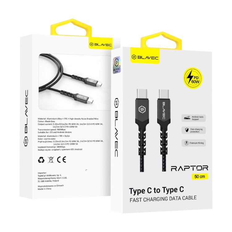 Polnilni kabel "Blavec Raptor - pleten" USB-C v USB-C PD 60W 3A 0,5M