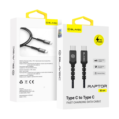 Polnilni kabel "Blavec Raptor - pleten" USB-C v USB-C PD 60W 3A 0,5M