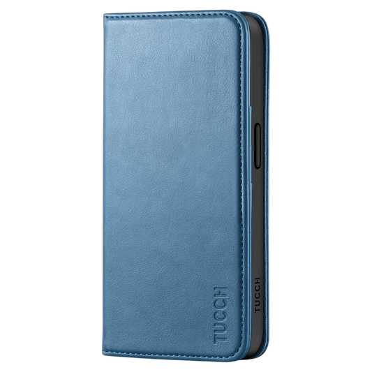 TUCCH usnjena preklopna torbica za iPhone 15 svetlo modra zaščitni etui