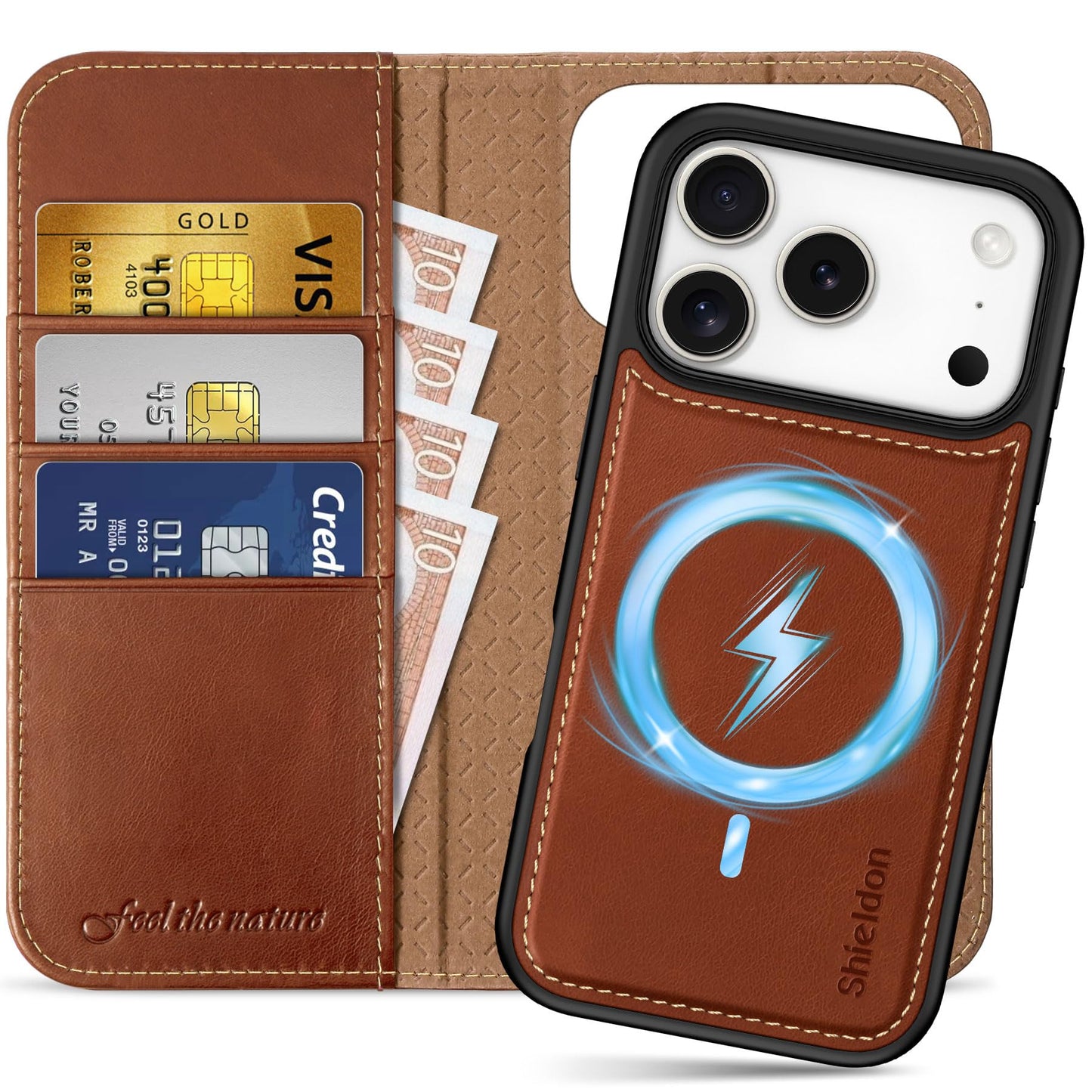 SHIELDON 2v1 usnjena denarnica/ovitek za iPhone 17 Pro – snemljiva, RFID zaščita, stojalo, retro rjava: SHIELDON 2v1 usnjena denarnica ovitek iPhone 17 Pro snemljiva RFID zaščita stojalo retro rjava