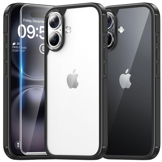 TAURI ovitek za iPhone 16 prozorna črna z dvema zaščitnima stekloma