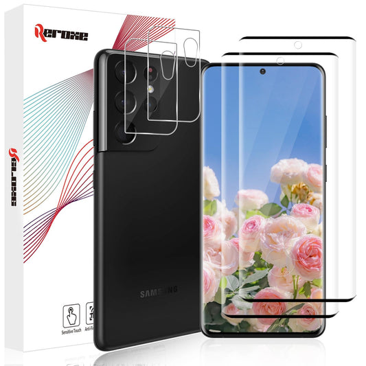 REROXE paket 2 + 2 zaščitna stekla za Samsung Galaxy S21 Ultra 5G – zaslon + kamera
