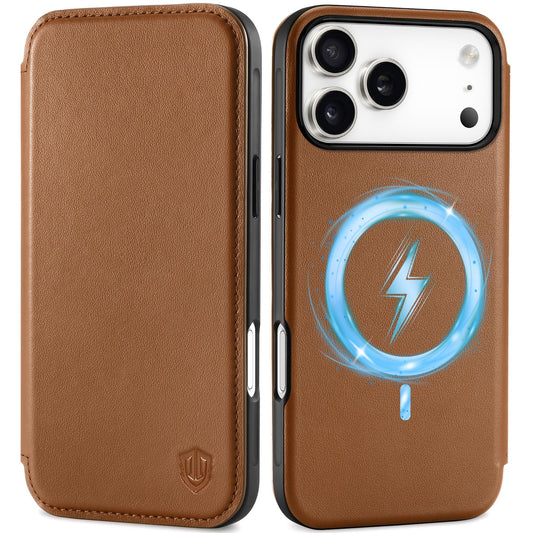 SHIELDON usnjen preklopni ovitek iPhone 17 Pro Max sedlasto rjava RFID