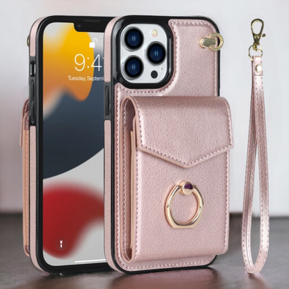 Večfunkcijski Silikonski ovitek "Wallet-Ring" za iPhone 14 Pro Max – Infostyle – Svetlo roza / Ekološko usnje + TPU sili