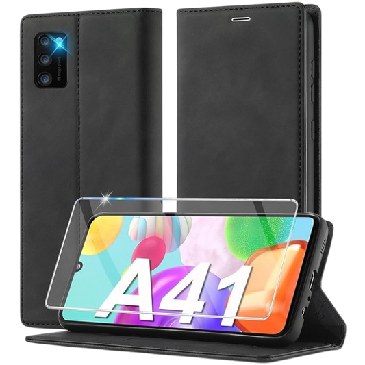 Preklopna torbica "Holster" + zaščitno steklo za Samsung Galaxy A41, črna – Infostyle – Črna
