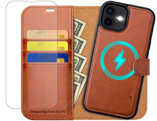 OCASEsnemljivovitekdenarnicaza iPhone12/12Pro-rjava+zaščitnosteklo