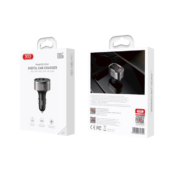 XO CC61 100W avtopolnilnik s priključki USB, USB-C in Lightning v sivi barvi - skatla